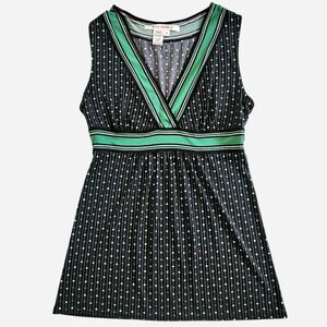 Max Studio polka dot sleeveless v-neck babydoll style blouse green black
